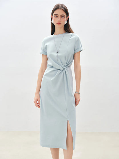 ZIQIAO Women Solid Long Dress 2025 Summer New Casual Round Neck T-Shirt Dresses Grey Short Sleeve X-LINE Dress 25ZQ92026