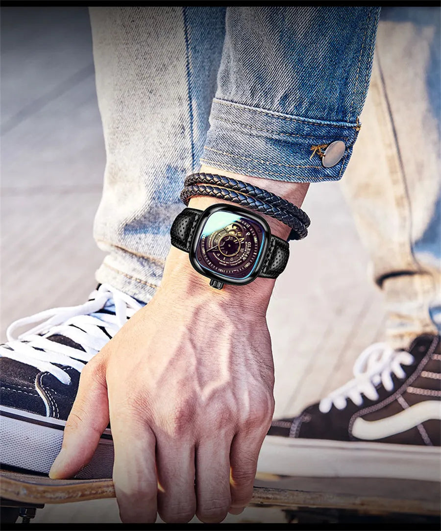 GLENAW Mechanical Watch for Men Breathable Leatherstainless Steel Automatic Skeleton Mens Watches Top Brand Luxury Reloj Hombre