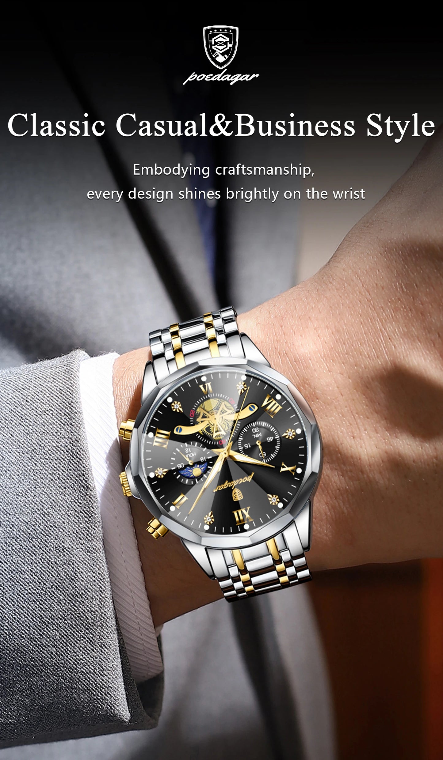 POEDAGAR Luxury Men Clock Waterproof Luminous Chronograph Sport Man Wristwatch Stainless Steel Fahion Quartz Men's Watches Reloj