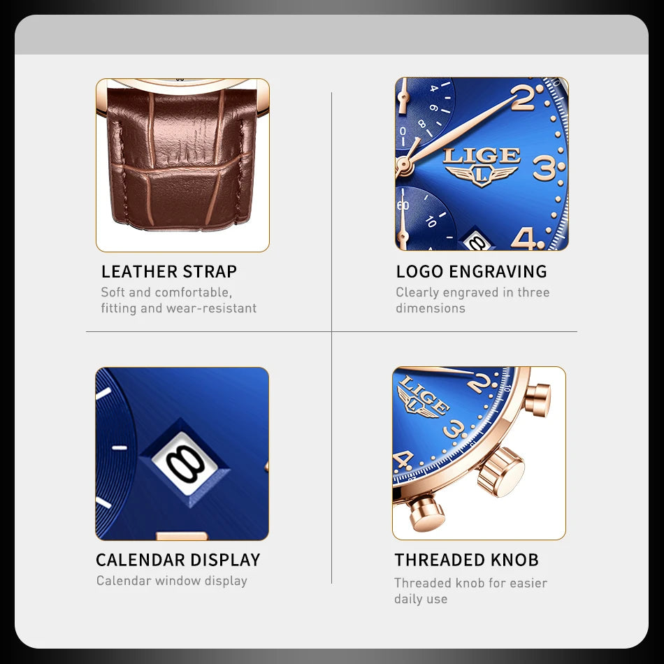 LIGE Casual Sports Watches For Men Fashion Business Leather Waterproof Quartz Men Watch Top Brand Luxury Military Chronograph