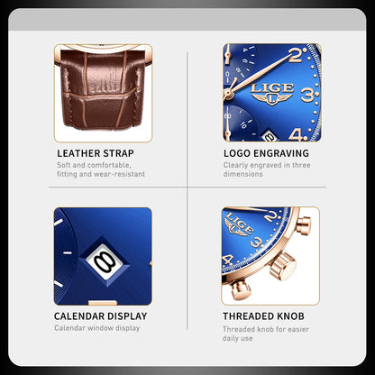 LIGE Casual Sports Watches For Men Fashion Business Leather Waterproof Quartz Men Watch Top Brand Luxury Military Chronograph