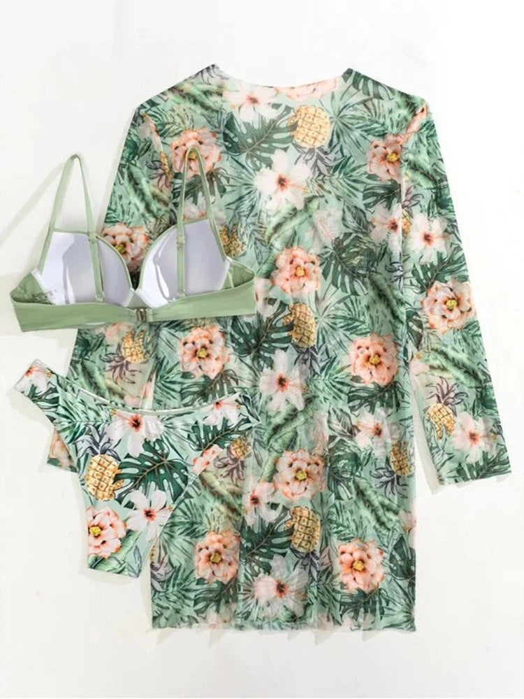 Three Pieces Bikini Set Beach Skirt Tunics For Beach Cover Up Swimsuit Women Ruffle Biquini Bathing Suit Summer Beach Wear