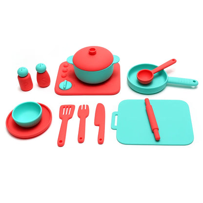 Kids Pretend Play Kitchen Toys, Food-Grade Silicone Dish Set, Realistic Mini Cooking Toys with Bowls, Plates, Pots for Toddlers
