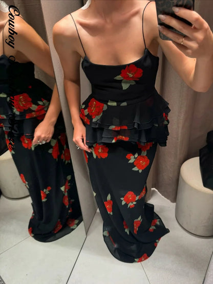 Printed Ruffle Top Skirt Set Women Slim Sling Sleeveless Backless Vest Straight Long Skirts 2025 Summer Elegant Sexy Lady Outfit