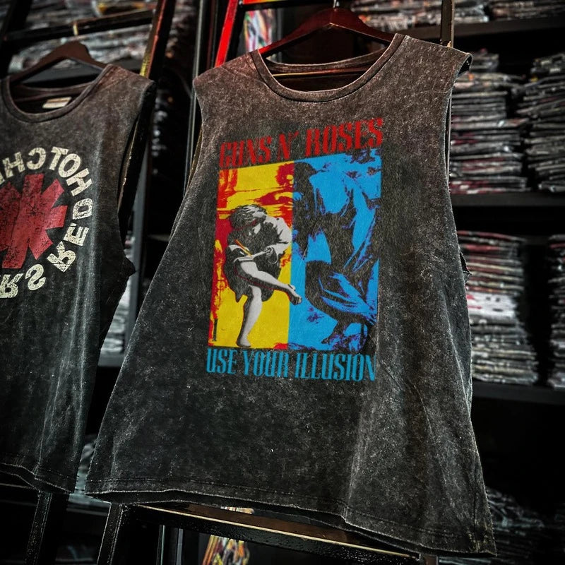 American Rock Band Printed Vintage Washed Sports Vest Cotton Sleeveless Men's T-shirt Hip-hop Gym Clothing Tank Top Summer 2025