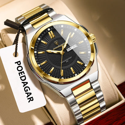 POEDAGAR Top Business Men's Watches Stainless Steel Waterproof Luminous Man Watch Date Week Quartz Casual Fashion Men Wristwatch