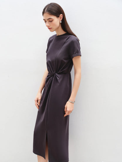 ZIQIAO Women Solid Long Dress 2025 Summer New Casual Round Neck T-Shirt Dresses Grey Short Sleeve X-LINE Dress 25ZQ92026