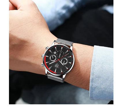 Mens Fashion Sports Watches Men Business Casual Quartz Wrist Watch Luxury Silvery Mesh Belt Watch