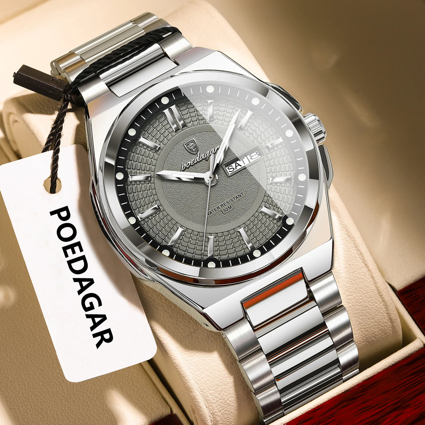POEDAGAR Top Business Men's Watches Stainless Steel Waterproof Luminous Man Watch Date Week Quartz Casual Fashion Men Wristwatch