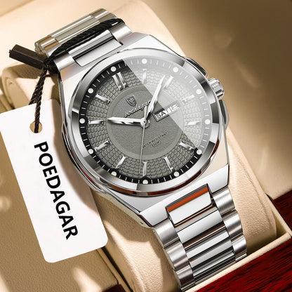 POEDAGAR Top Business Men's Watches Stainless Steel Waterproof Luminous Man Watch Date Week Quartz Casual Fashion Men Wristwatch