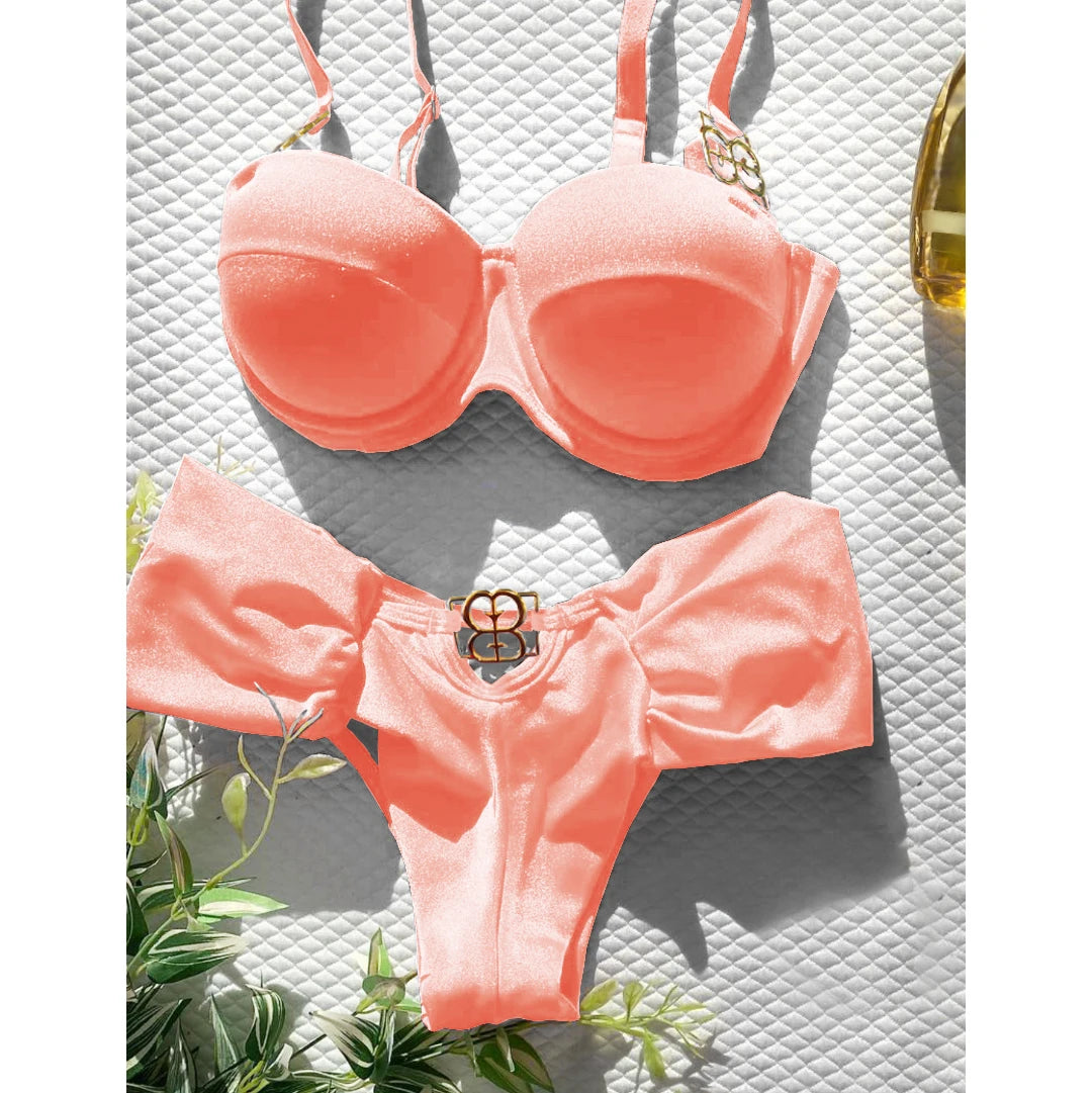 Brazilian Bikini Swimsuit for Women, Ring Linked Halter, Swimwear, Beachwear, 2025