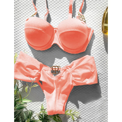 Brazilian Bikini Swimsuit for Women, Ring Linked Halter, Swimwear, Beachwear, 2025