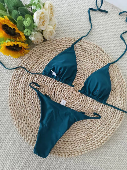 Sexy Solid Color Halter Lace-up Low Waist Bikini Set Women's Two Pieces Triangle Thong Swimsuit Bathing Suit Brazilian Biquinis
