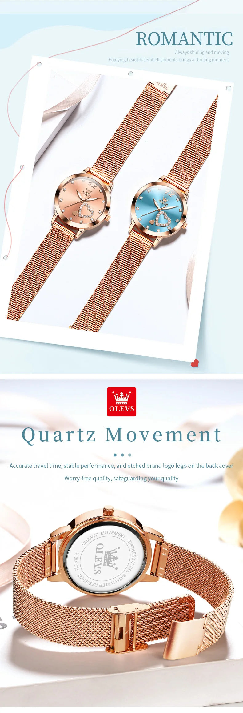 OLEVS 5189 Quartz Watch for Women Diamond Love Heart Design Fashion Elegant Rose Gold Mesh Steel Strap Waterproof Ladies Watches