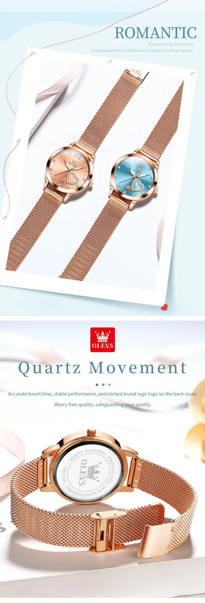 OLEVS 5189 Quartz Watch for Women Diamond Love Heart Design Fashion Elegant Rose Gold Mesh Steel Strap Waterproof Ladies Watches
