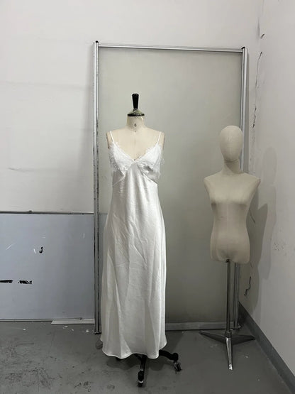 2025 Elegant Satin Solid Maxi Dresses Women Luxury Lace Splicing Sleeveless Off Shoulder Backless V-neck Robe Lady Party Outfits