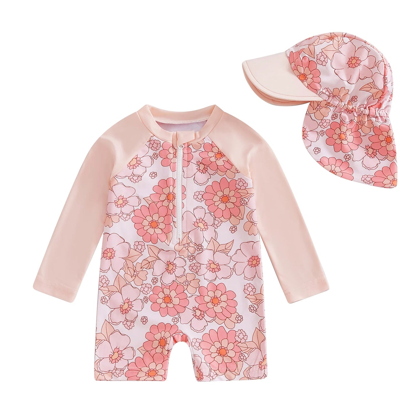 Citgeett Summer Kids Toddler Girl Long Sleeve Swimsuit Floral Flamingo Print Half Zipper Swimwear Romper Clothes