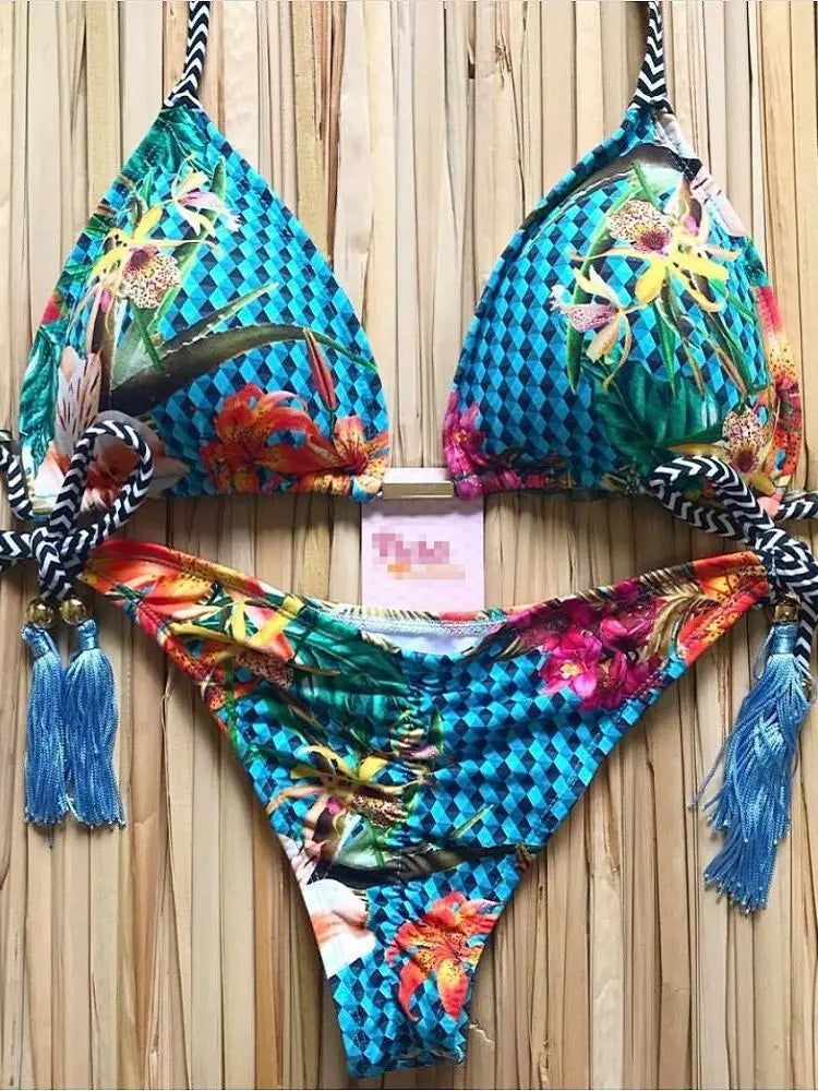 RUOTONGSEPT Sexy Micro Bikinis Set 2024 New Swimsuit Women Feather Print Bandage Swimwear Female Bathing Suit Brazilian Biquinis