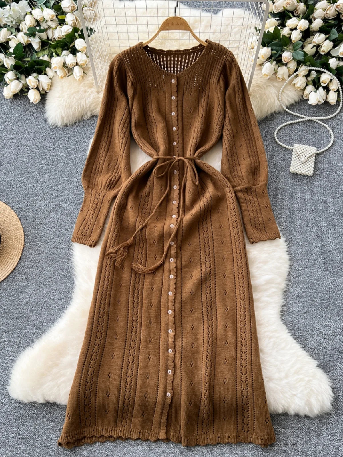 Women's Solid Single Breasted Hollow Out Knit Lace-up Dress Autumn Fashion Round Neck Elegant Festival Sweater Long Dresses 2024