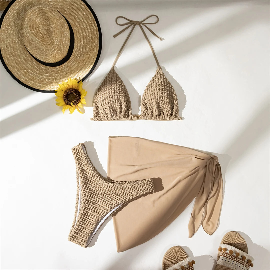 Sexy With Sarong Wrinkled Halter Bikini Female Swimsuit Women Swimwear Three-pieces Bikini set Bather Bathing Suit Swim K5237