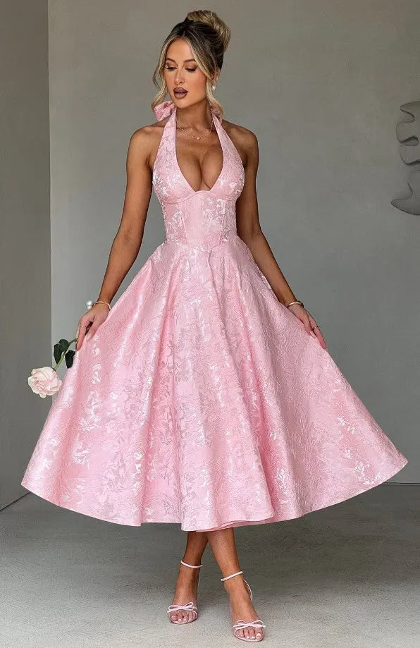 Solid Backless Lace Up A-line Dress Women Sleeveless Deep V-neck High Waist Pleated Midi Dresses Lady Evening Party Robes 2026