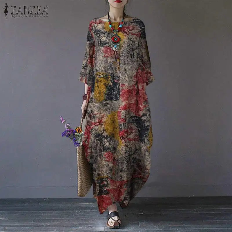 ZANZEA Bohemian Vintage Robe Women Maxi Long Dress Elegant Floral Printed Sundress Causal Loose Cotton Vestidos Autumn Dresses