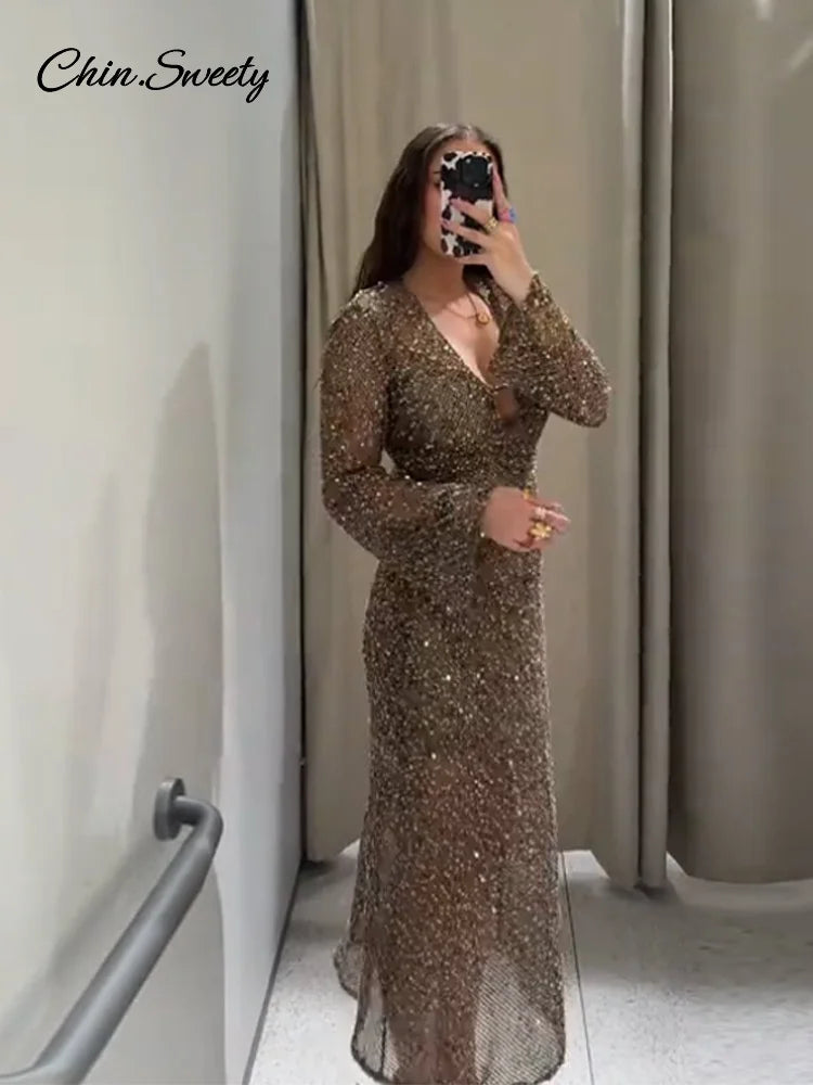 Sexy Shiny Deep V-neck Long Dress Women Flare Sleeve Hollow See Through Party Evening Dresses Female 2025 Summer Lady Slim Robes