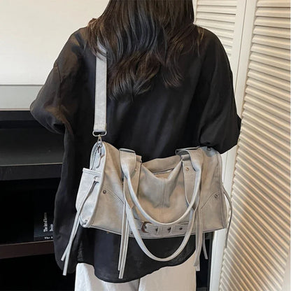 Retro Motorcycle Handbag Women Horizontal Tote Storage Tassel Design Pillow Shoulder Bag Trendy Large Capacity Soft Underarm Bag