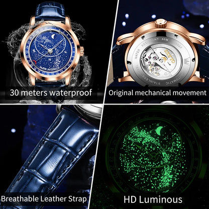 OLEVS 9923 Moon Phase Automatic Mechanical Watches for Man Fashion Leather Strap Waterproof Starry Sky Blue Luxury Men's Watches