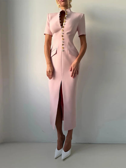 Women's High Neck Bodycon Midi Dress Short Sleeve Gold Button Split Hem Dresses 2026 Female Elegant Formal Evening Party Robe