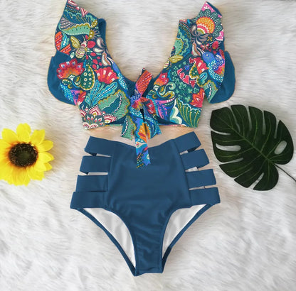 High Waist Ruffled Sexy Bikini Set 2025 Flounce Biquini Swimwear Women Two Pieces Swimsuit Floral Beachwear V-Neck Bathing Suit