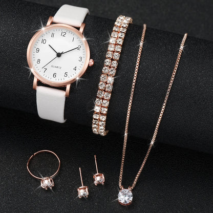 5/6PCS Fashion Women's Quartz Watch Leather Band Analog Quartz Watches with Diamond Jewelry (Without Box)