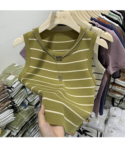 AOSSVIAO 2026 New Waistcoat Women Wear Striped Wide Edge Temperament Summer Top Short Knit Sleeveless Bottom Shirt