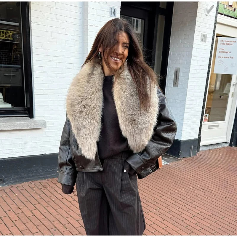 Brown Faux Fur Collar Leather Jacket Women Oversize Design Long Sleeve Coat 2025 Fashion Luxurious Versatile Bomber Outerwear