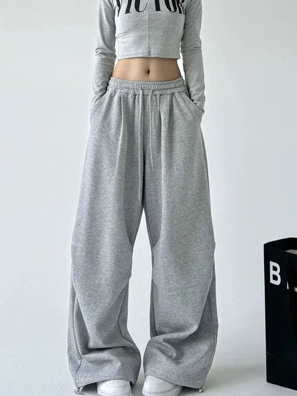 2025 New Harajuku Wide Leg Sweatpants Women Streetwear Baggy Oversize Gray Sports Pants Woman Drawstring Casual Joggers Trousers