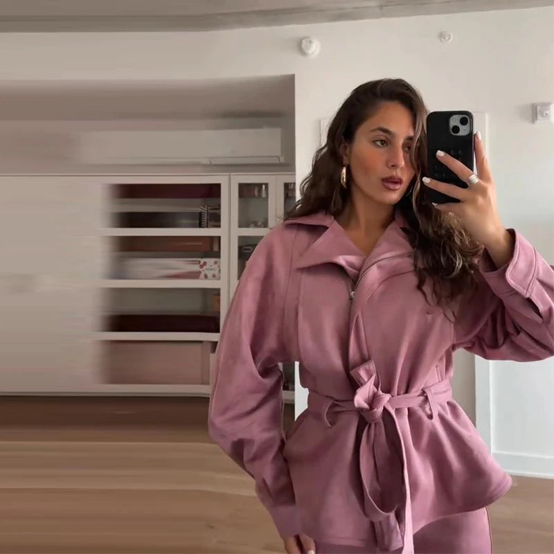 Women's Faux Suede Cropped Trench Coat Jacket Belted Notched Lapel Lace-up Retro Chic Outerwear Spring New High Street Outfit