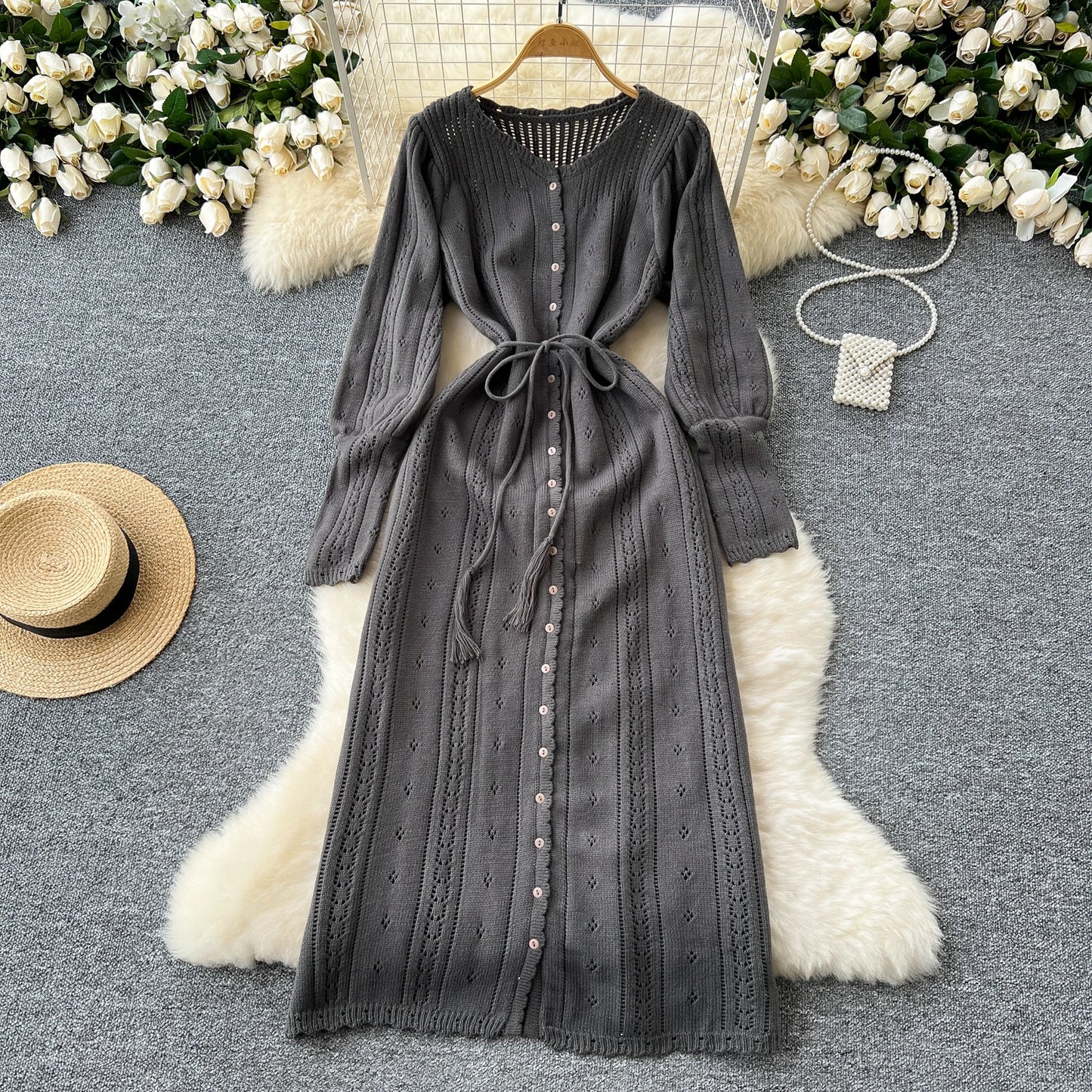 Women's Solid Single Breasted Hollow Out Knit Lace-up Dress Autumn Fashion Round Neck Elegant Festival Sweater Long Dresses 2024