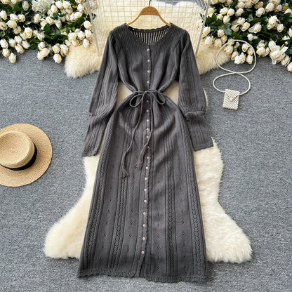 Women's Solid Single Breasted Hollow Out Knit Lace-up Dress Autumn Fashion Round Neck Elegant Festival Sweater Long Dresses 2024