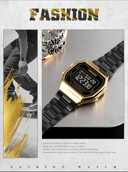 SKMEI 1647 Casual Simple Mens Wristwatches Stainless Steel Band Waterproof Watch Men reloj hombre Retro LED Digital Male Watches