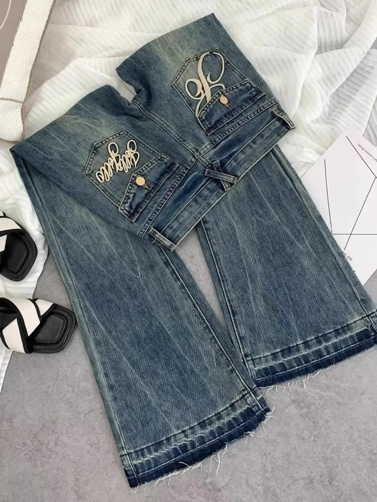 American retro low-waisted jeans female autumn new embroidery old casual fashion temperament slim Joker bell bottoms.