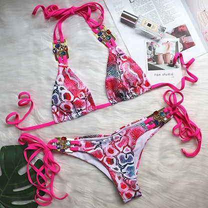 2026 Shiny Rhinestone Diamond Bikini Women Swimsuit Female Swimwear Two Pieces Bikini Set Halter Metal Chains Bathing Suit Swim