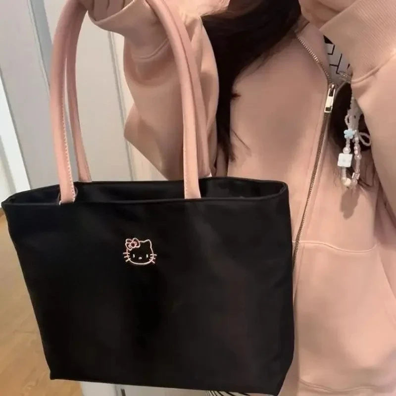 Fashionable womens HelloKitty black tote bag cute cartoon embroidery large capacity shopping bag fashionable womens shoulder bag