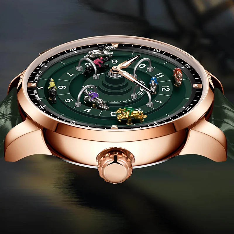 PINDU New Original Design Competitive Horse Racing Watches NH35A Sapphire Stainless Steel Luminous Leather Mechanical Watch Men