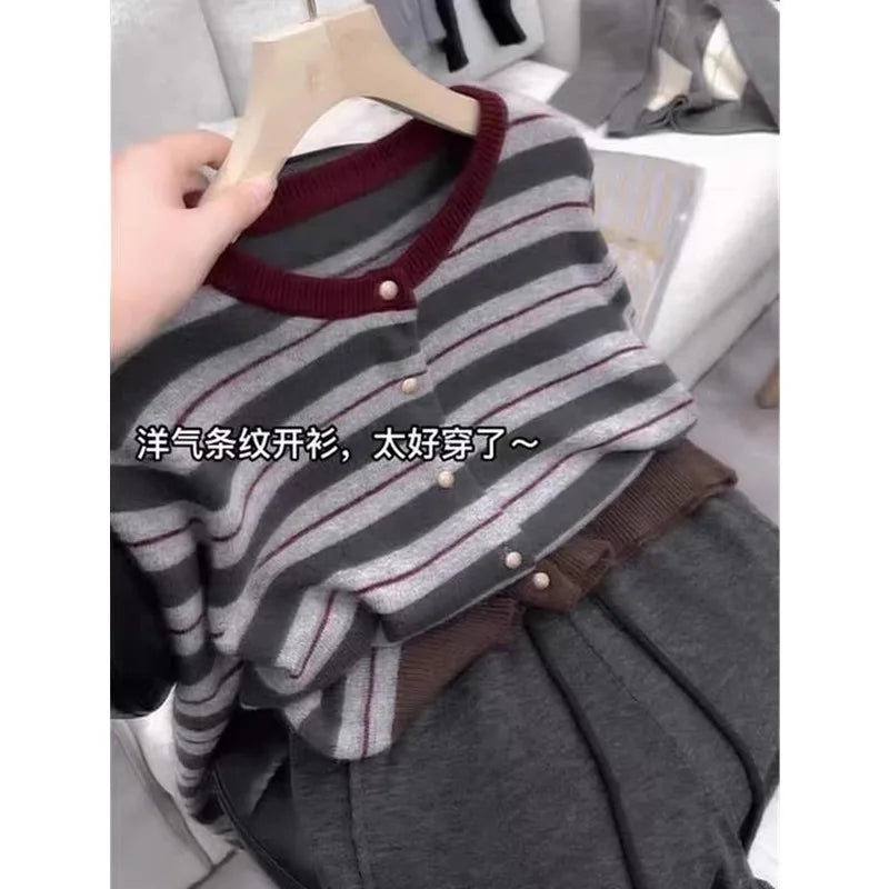 European goods striped cashmere cardigan women spring and autumn new round neck soft waxy senior sense wool knit sweater coat