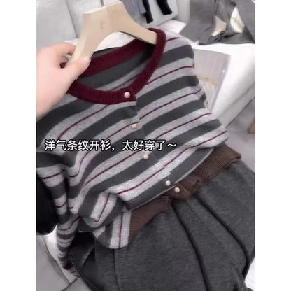 European goods striped cashmere cardigan women spring and autumn new round neck soft waxy senior sense wool knit sweater coat