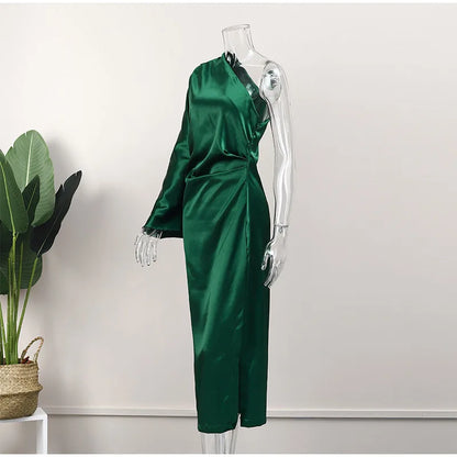 Sexy Women One Shoulder Long Sleeve Dresses Elegant Backless Split Side Slit Bodycon Dress 2023 Fashion Pleated Ladies Robe