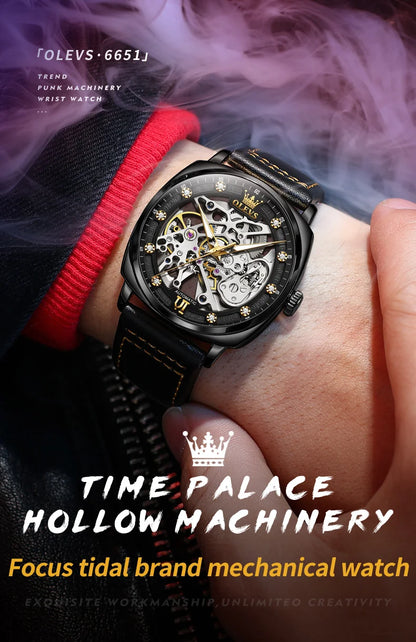 OLEVS 6651 Transparent Hollow Automatic Watches for Men Leather Strap Tonneau PUNK Style Mechanical Writwatch Luxury Man Watch