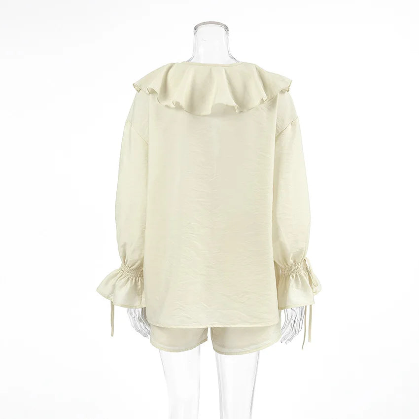 Casual Ruffled Shirt Shorts 2-Piece Set Women V Neck Flare Sleeve Lace-up Loose Blouse Shorts Suit Summer Beach Vacation Outfits