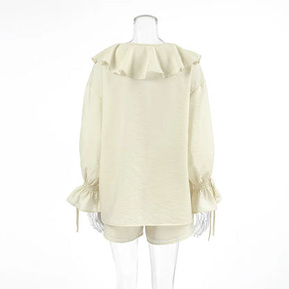 Casual Ruffled Shirt Shorts 2-Piece Set Women V Neck Flare Sleeve Lace-up Loose Blouse Shorts Suit Summer Beach Vacation Outfits