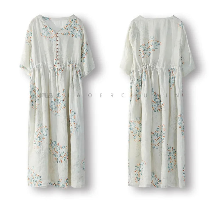 Summer Dress Women 2025 Long Print Elegant Clothing Vintage Elastic Waist Korean Beach Style V-Neck Fashion Robe Ropa De Mujer